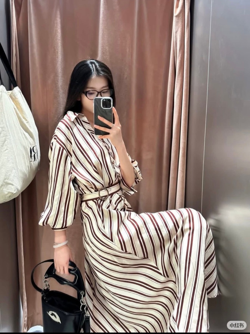 Zara Striped Belted Midi Dress in Cream and Brown